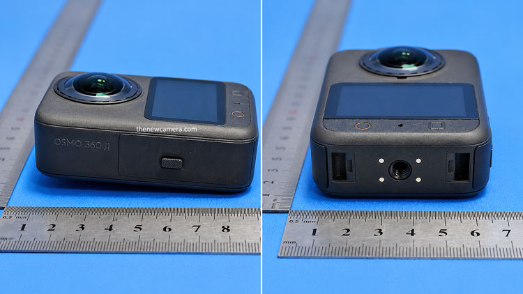 DJI Osmo 360 II in zwei Ansichten auf einem blauen Untergrund neben einem Lineal