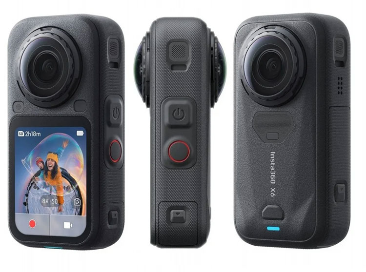 Geleakte Ansichten der mutmaßlichen Insta360 X6 von vorne, der Seite und hinten